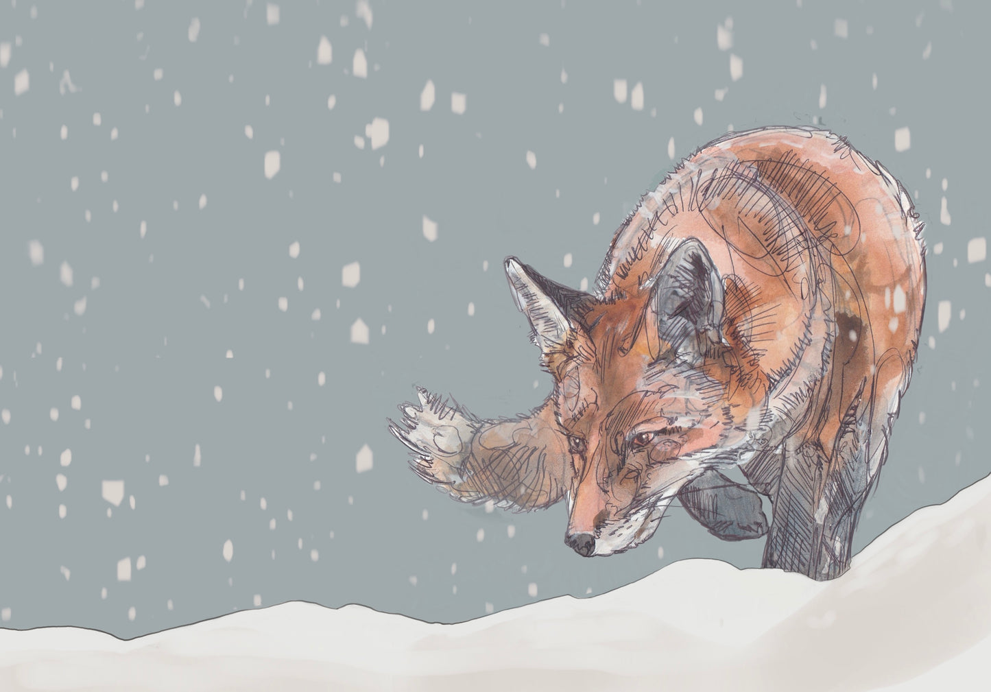 red fox stalking in the snow contemporary illustration animal wildlife artist ann pease original art