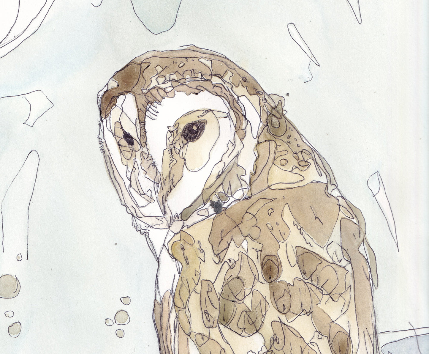 detail closeup portraitWildlife Art barn owl perched in a tree woodland with large full moon contemporary painting / illustration by wildlife artist Ann Pease.