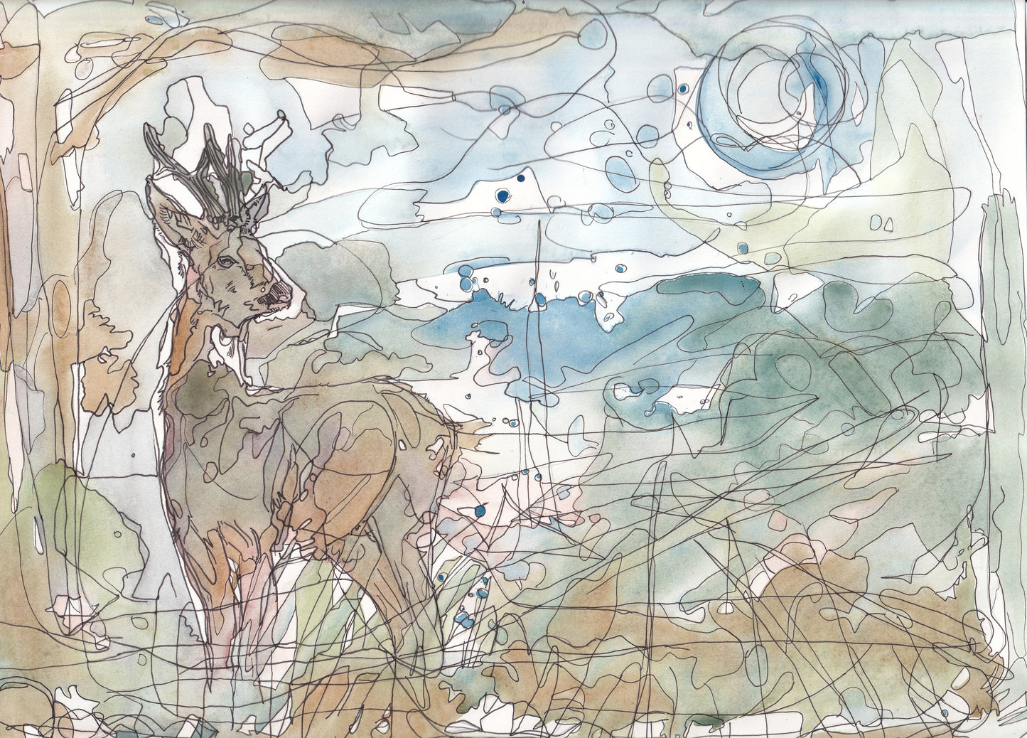Wildlife Art Roe Deer Buck standing by a tree under the moon painting / illustration by wildlife artist Ann Pease.