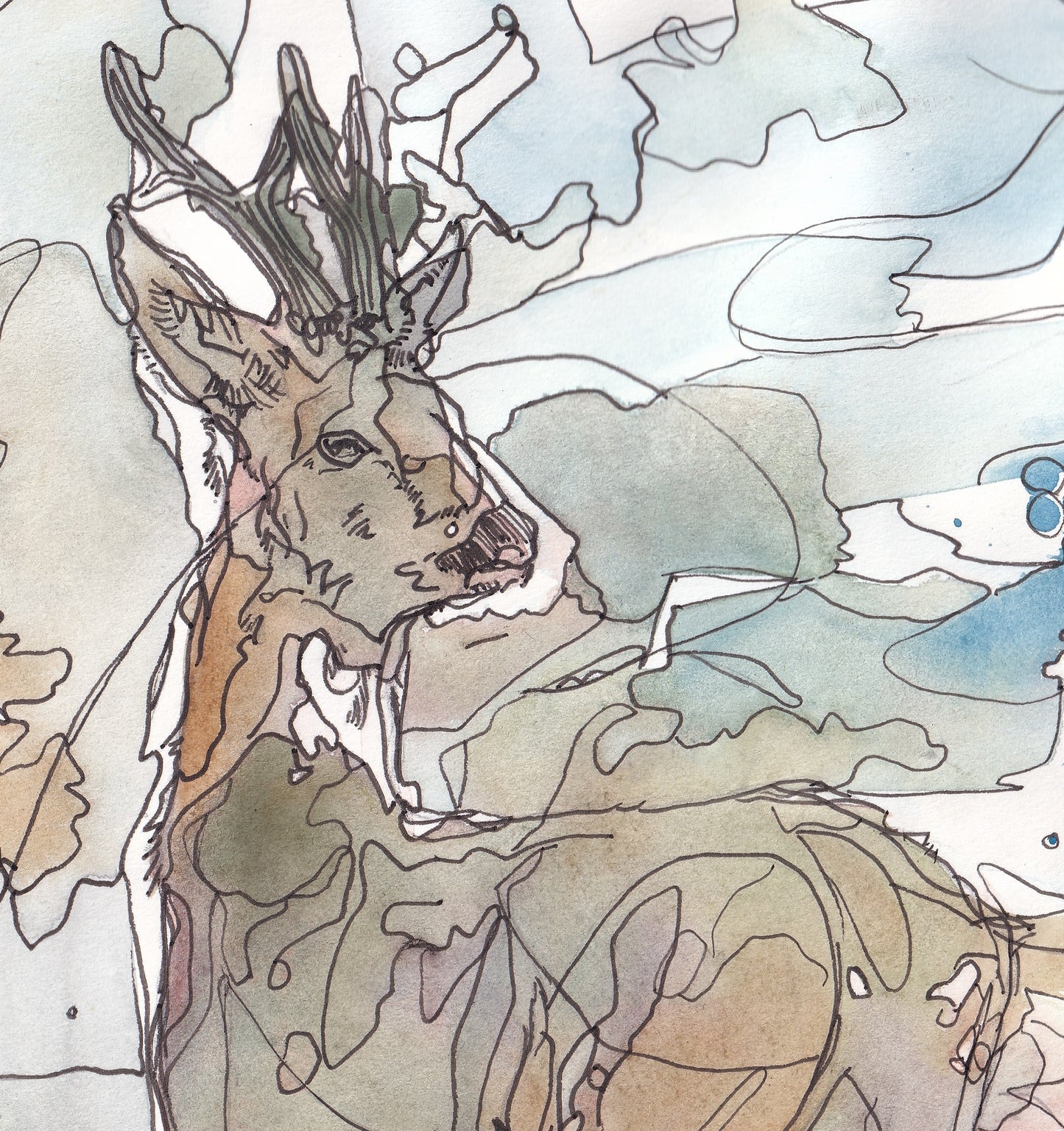 Detail from Wildlife Art Roe Deer Buck standing by a tree under the moon painting / illustration by wildlife artist Ann Pease.