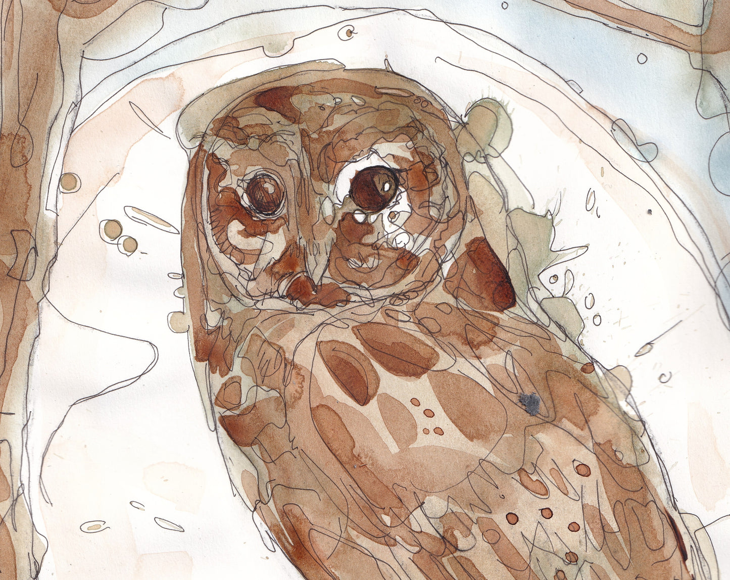 detail up close portraitWildlife Art tawny owl perched in a tree woodland with large full moon contemporary painting / illustration by wildlife artist Ann Pease.