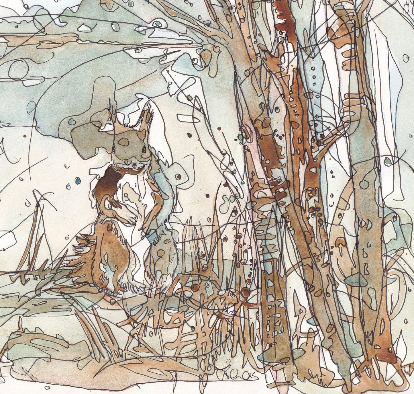 close up detail of red squirrel standing under a tree woodland under the grass contemporary illustration animal wildlife artist ann pease original art