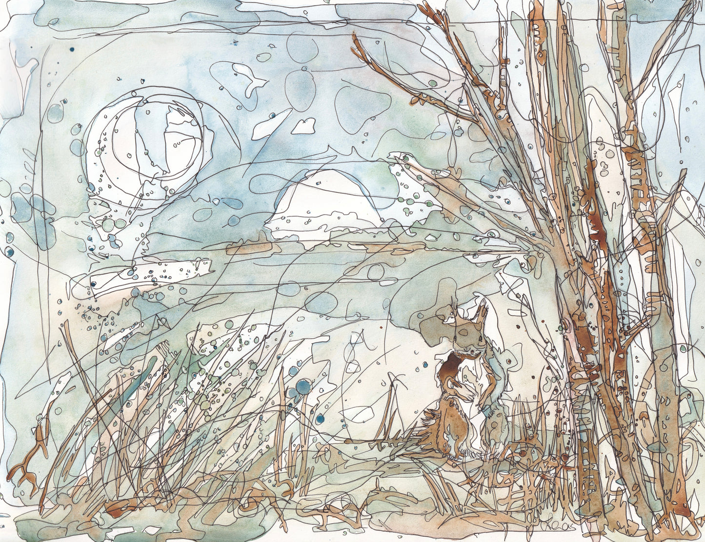 original art red squirrel standing under a tree woodland under the grass and full moon contemporary illustration animal wildlife artist ann pease original art