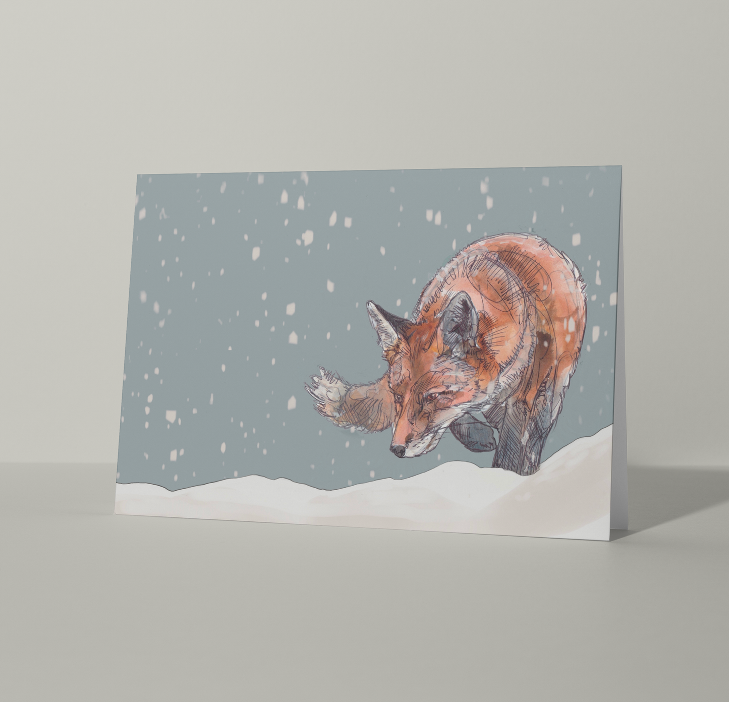 blank landscape christmas card red fox stalking in the snow contemporary illustration animal wildlife artist ann pease card art