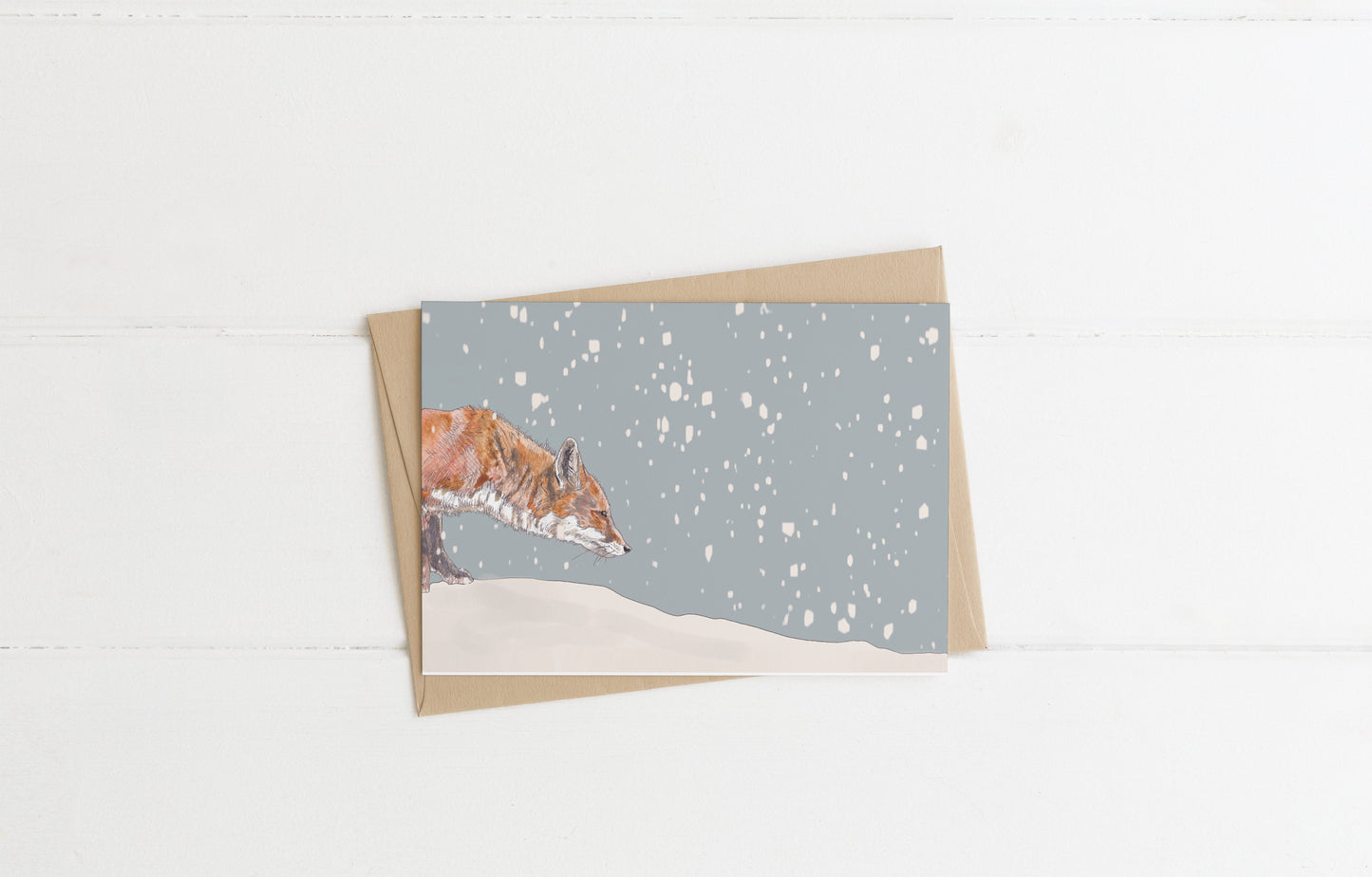 blank landscape christmas card stalking red fox in the snow contemporary illustration animal wildlife artist ann pease card art