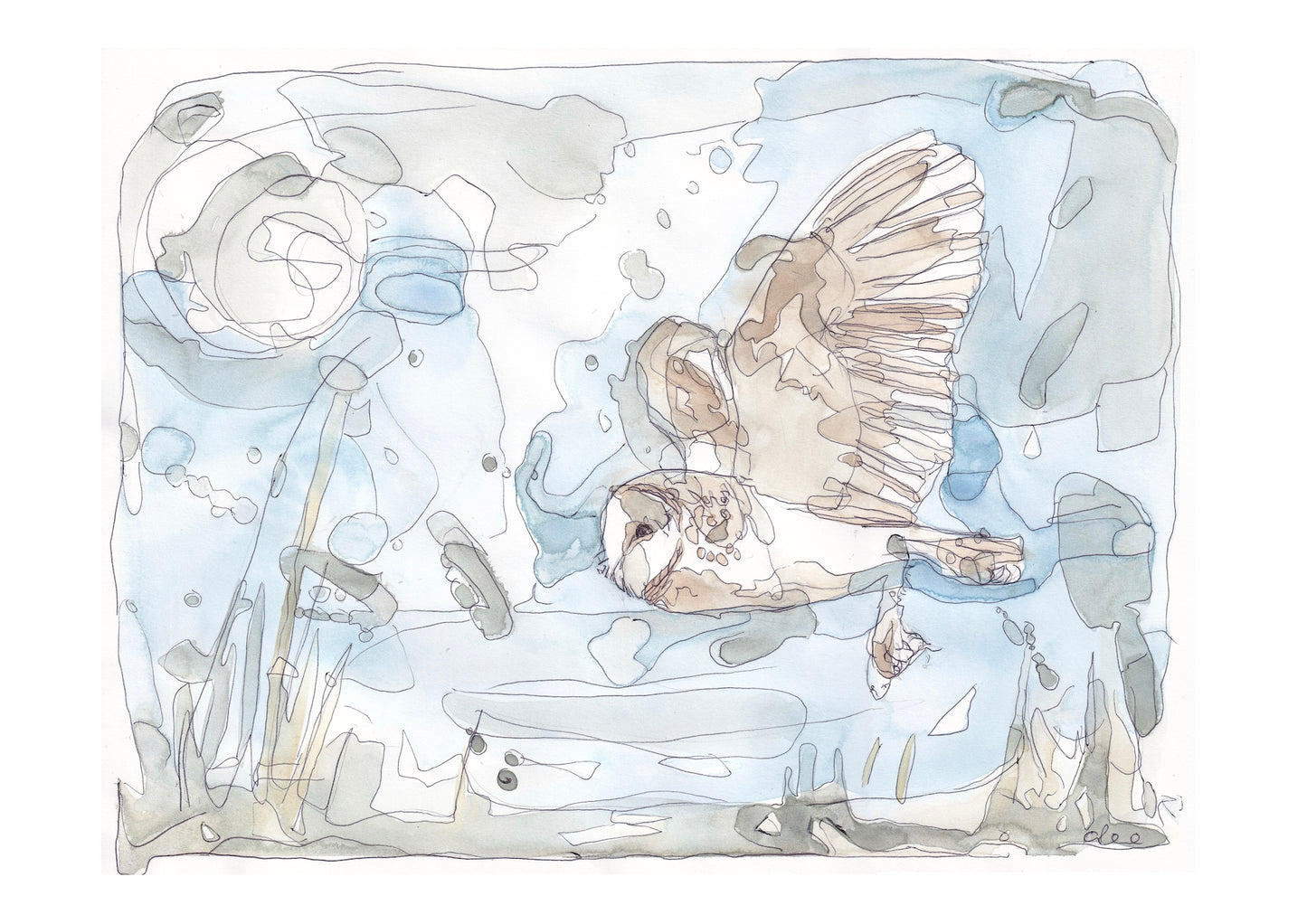 original painting of barn owl flying in the sky over the grass with full moon contemporary illustration animal wildlife artist ann pease original art