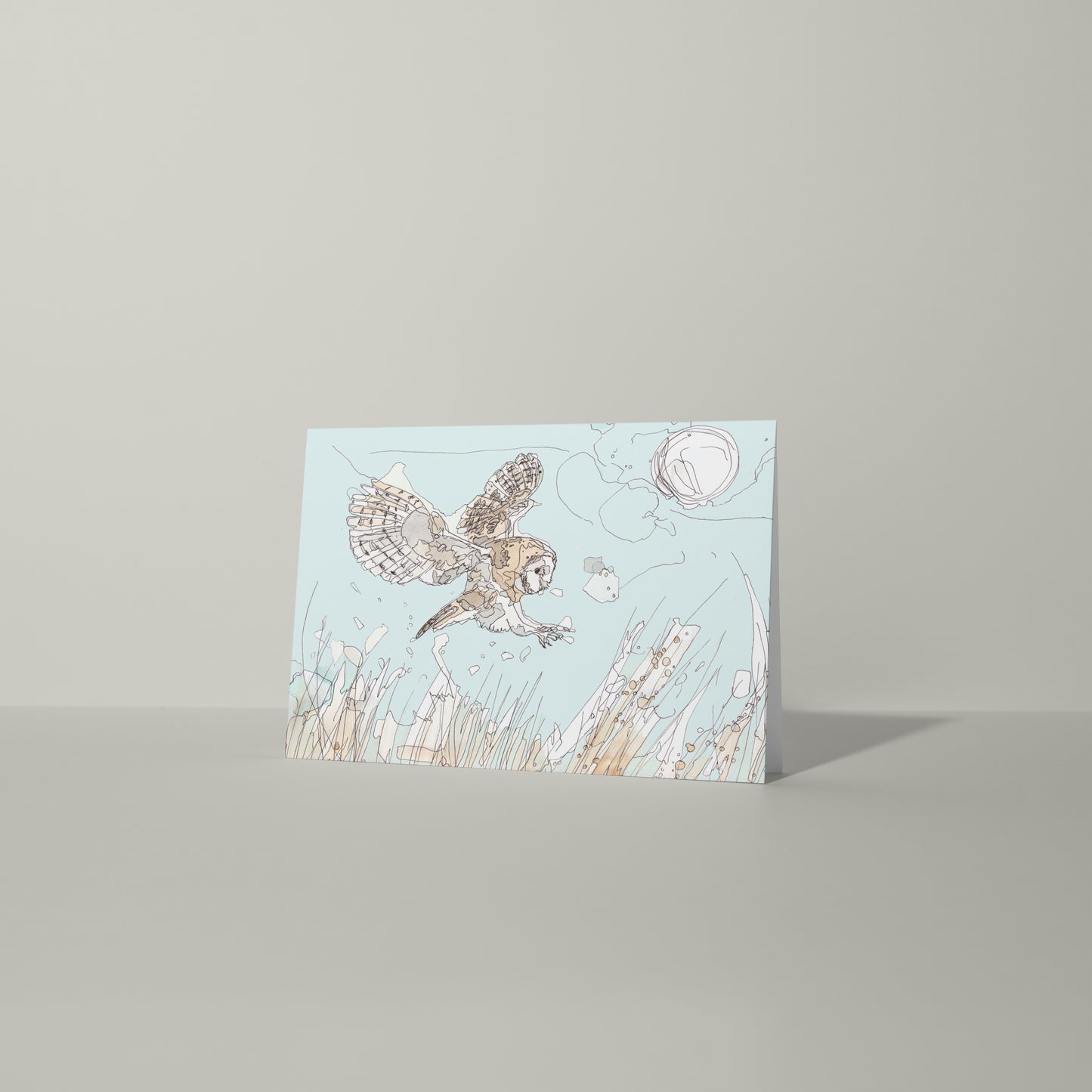 blank greeting card and envelope hunting flying barn owl over meadow grass full moon contemporary illustration animal artist ann pease card art