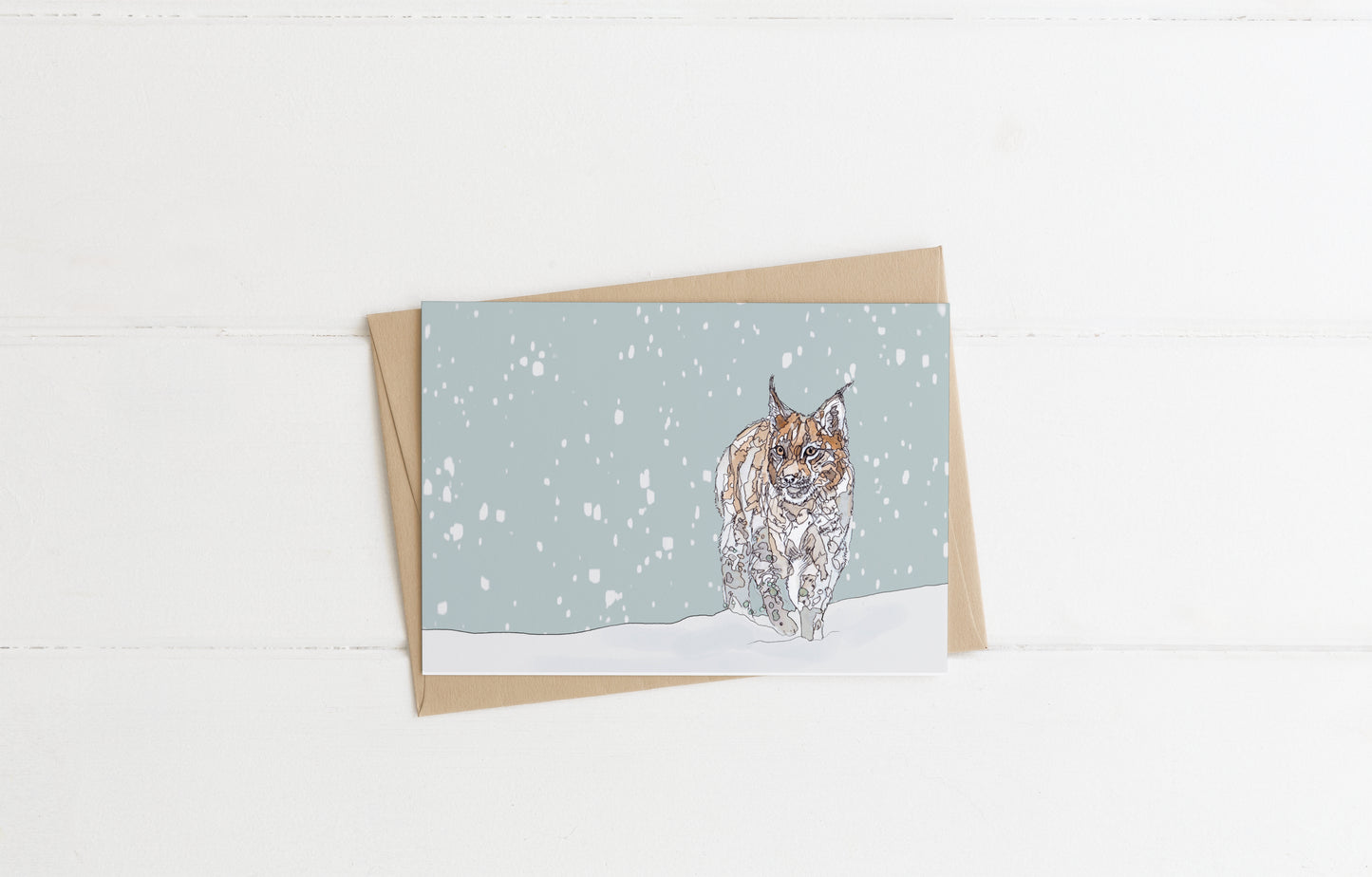blank landscape christmas card european lynx standing in the snow contemporary illustration animal wildlife artist ann pease card art