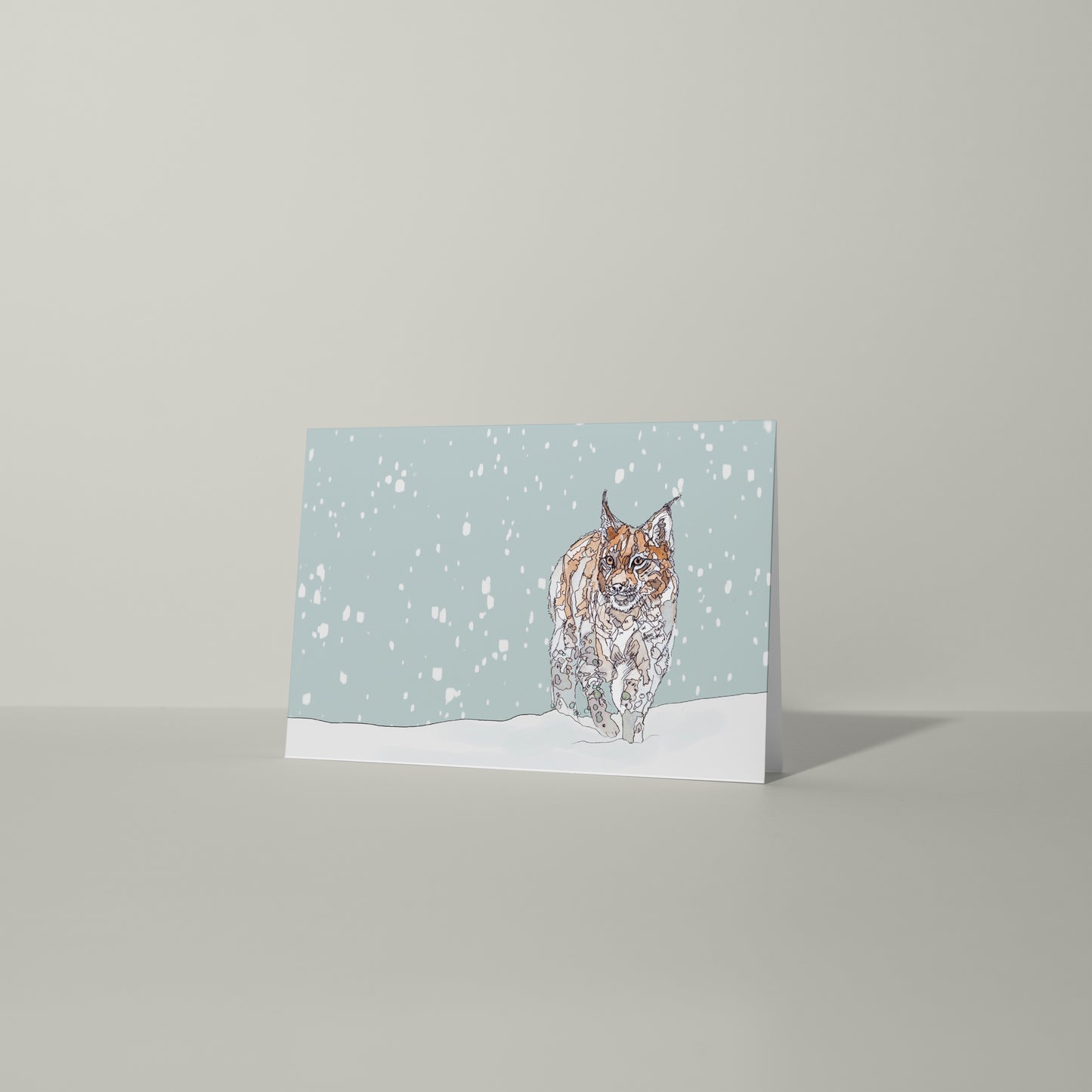 blank landscape christmas card european lynx in the snow contemporary illustration animal artist ann pease card art