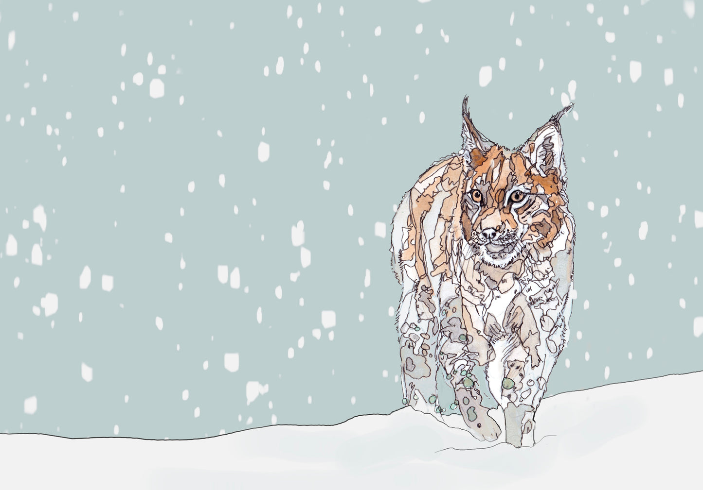 european lynx standing in the snow contemporary illustration animal wildlife artist ann pease card art