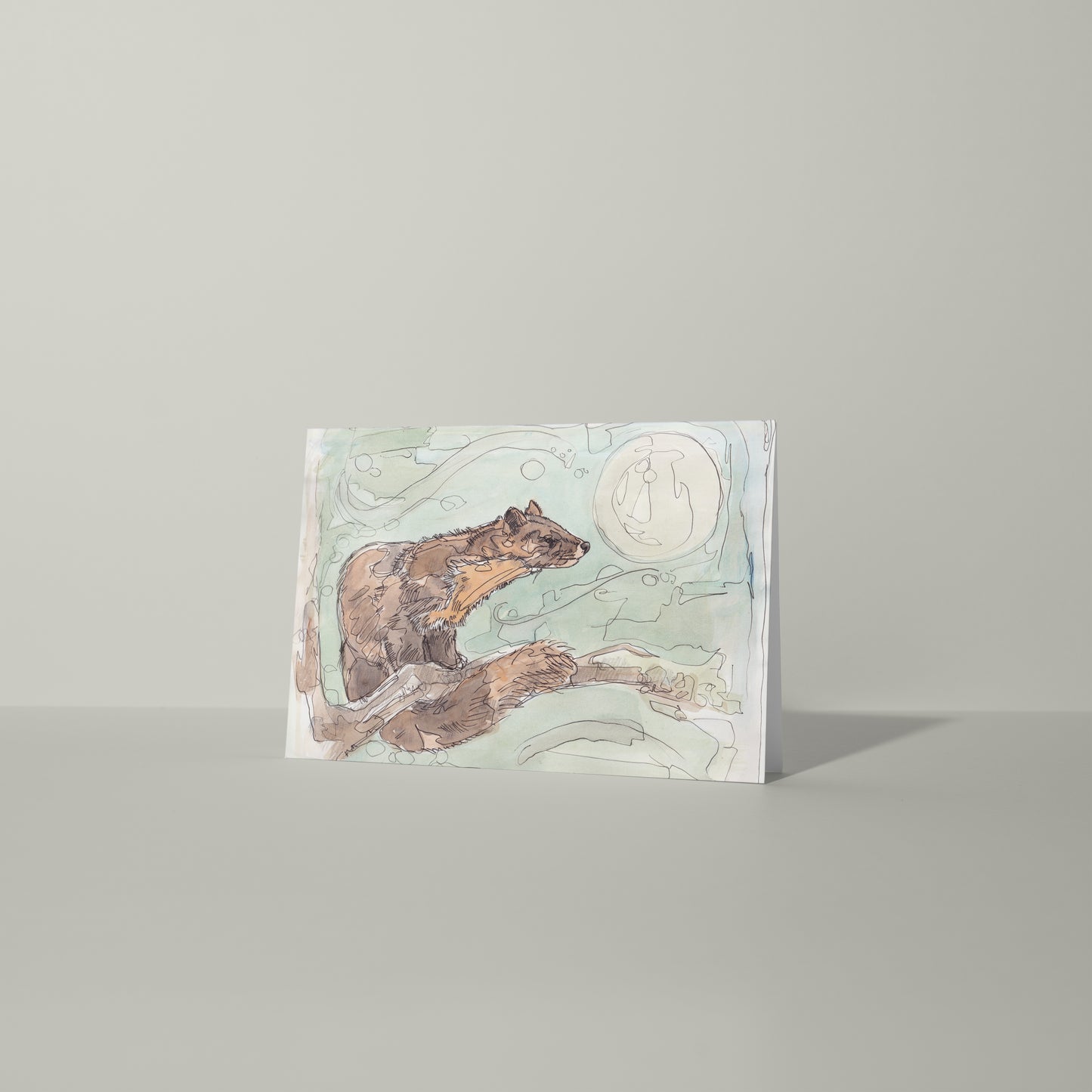blank greeting card pine marten on branch woodland full moon contemporary illustration animal artist ann pease card art