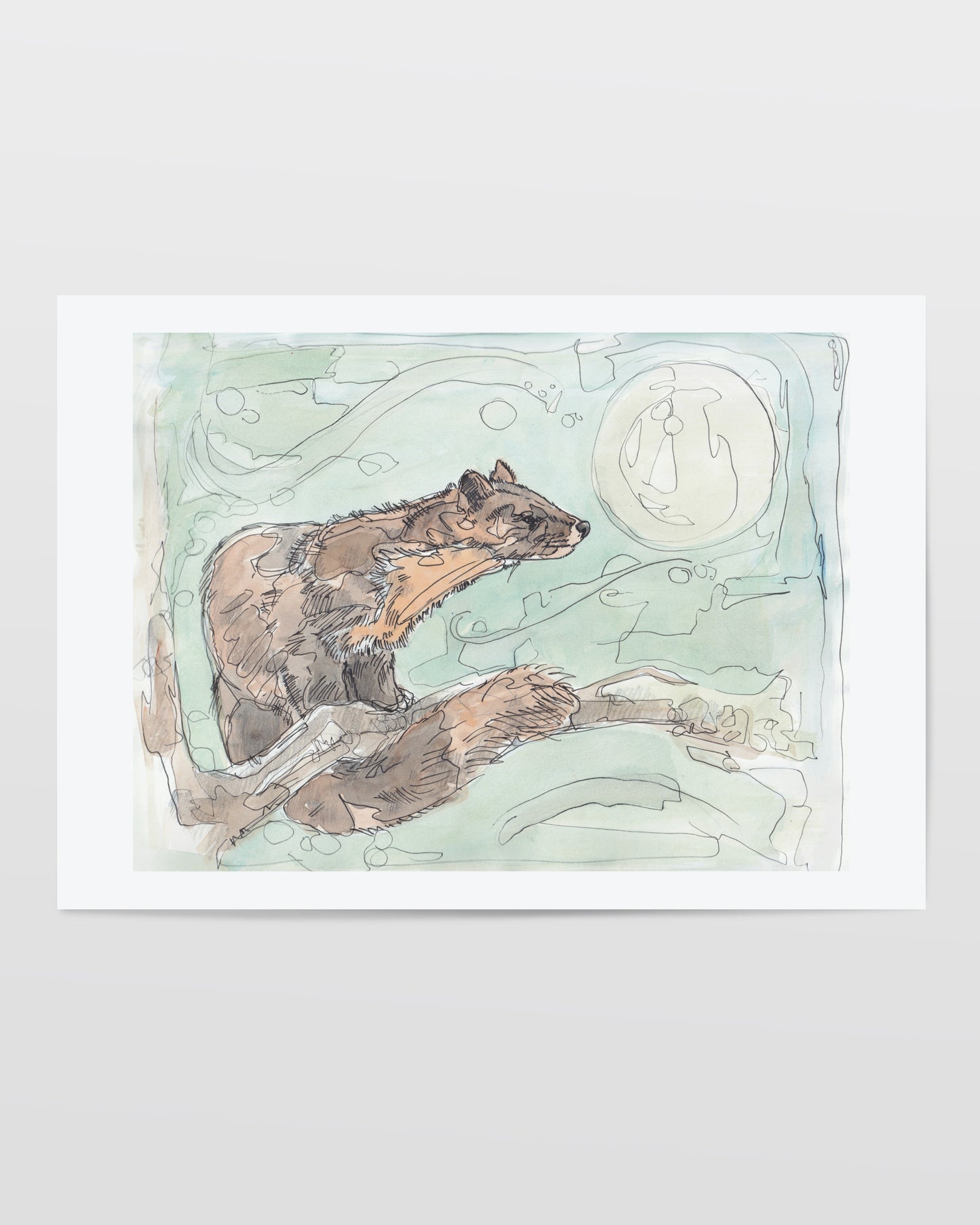 giclee art print pine marten on branch woodland full moon contemporary illustration animal artist ann pease card art