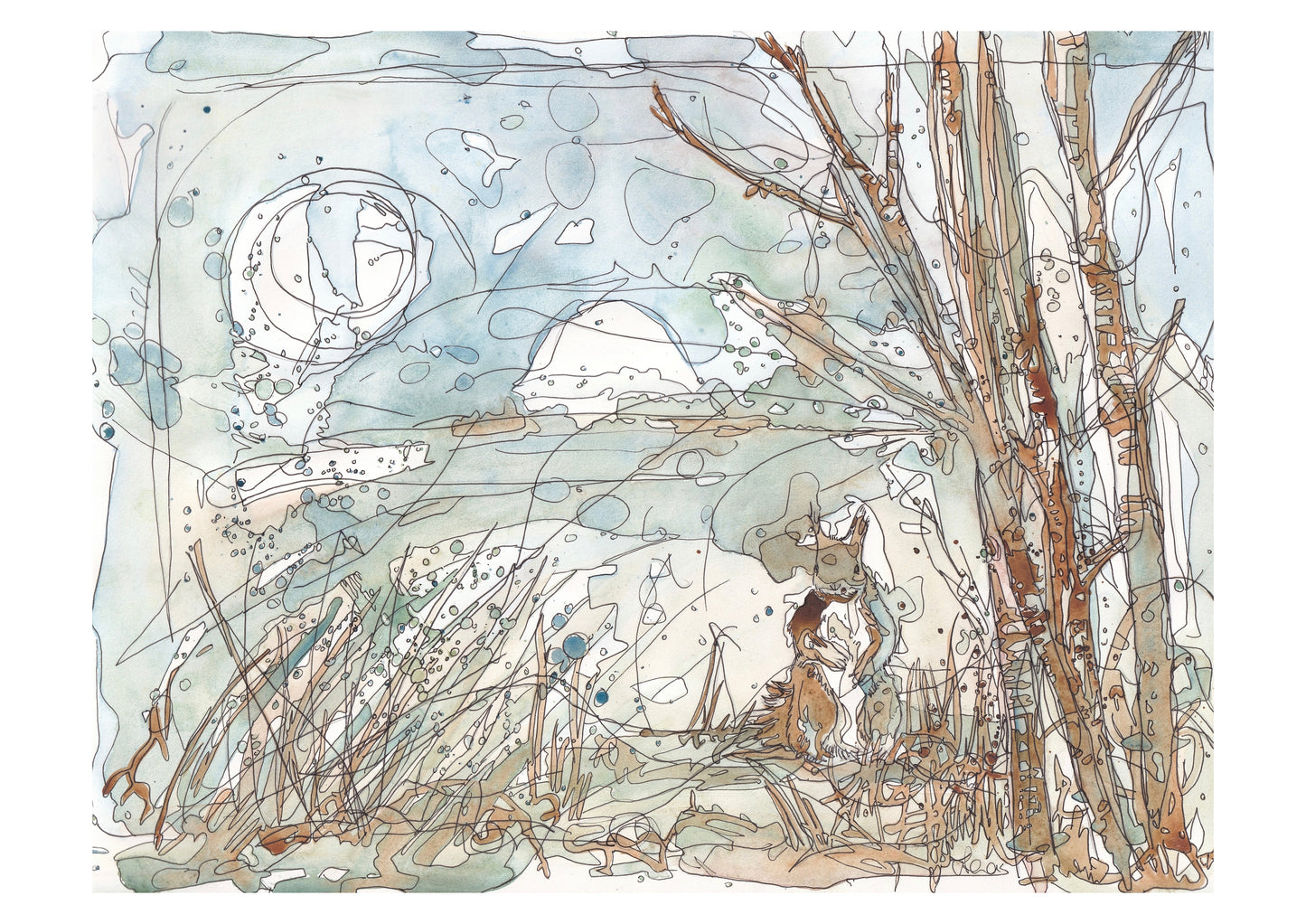giclee fine art print of red squirrel standing under a tree woodland under the grass and full moon contemporary illustration animal wildlife artist ann pease original art