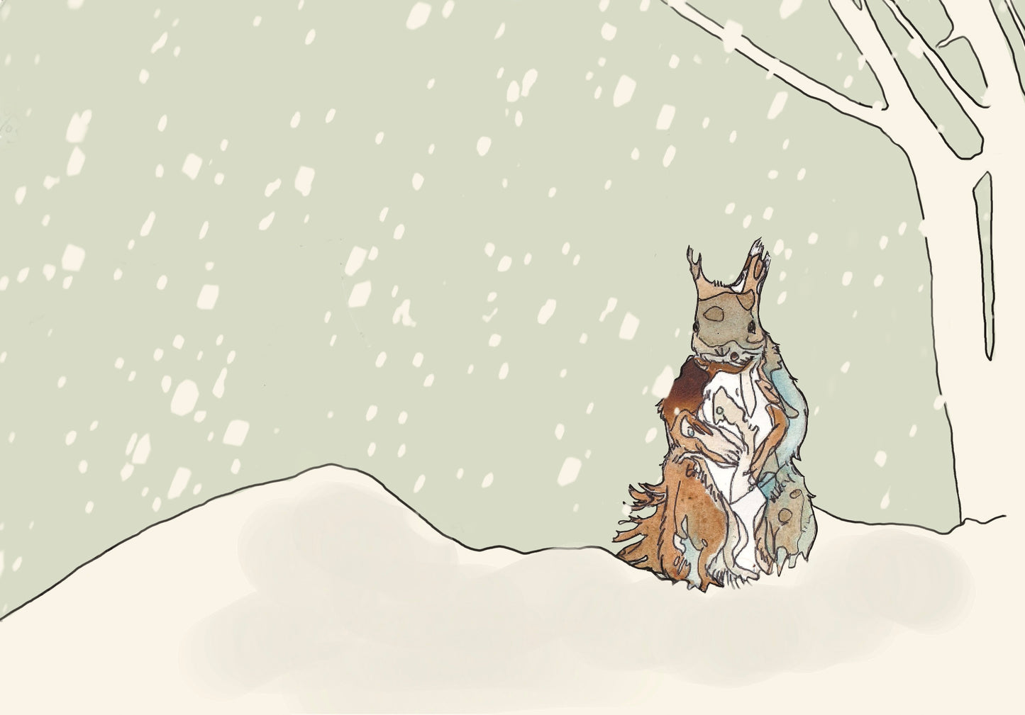 blank landscape red squirrel standing in the snow next to a tree contemporary illustration animal wildlife artist ann pease art