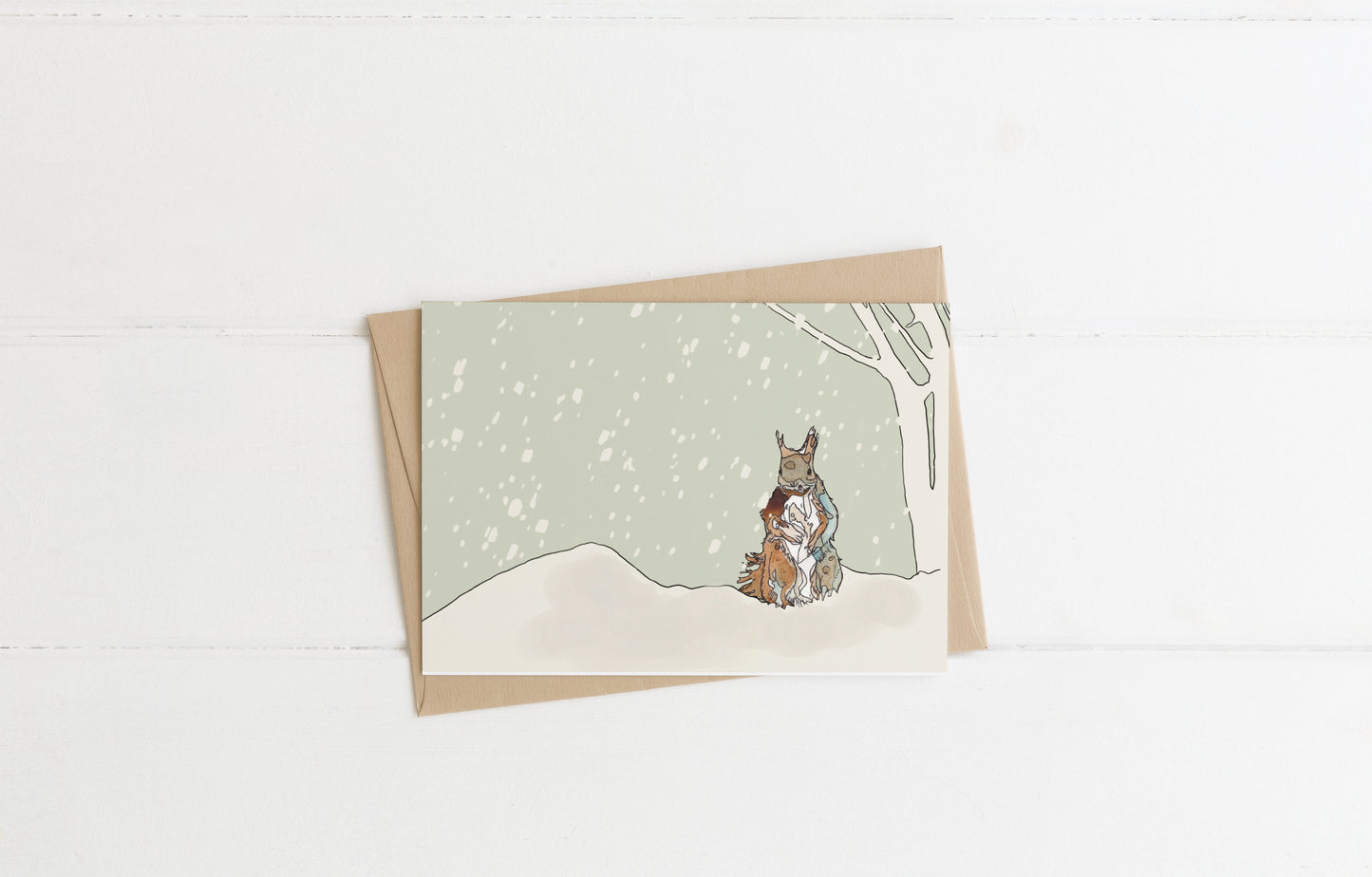 blank landscape christmas card and envelope red squirrel standing in the snow next to a tree contemporary illustration animal wildlife artist ann pease card art