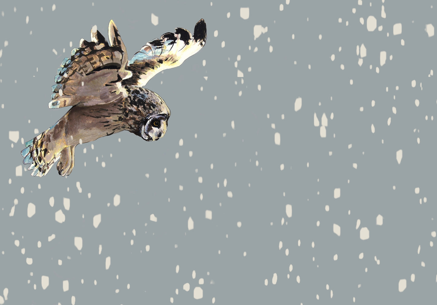hunting flying short eared owl in the snow christmas festive winter contemporary illustration animal artist ann pease card art