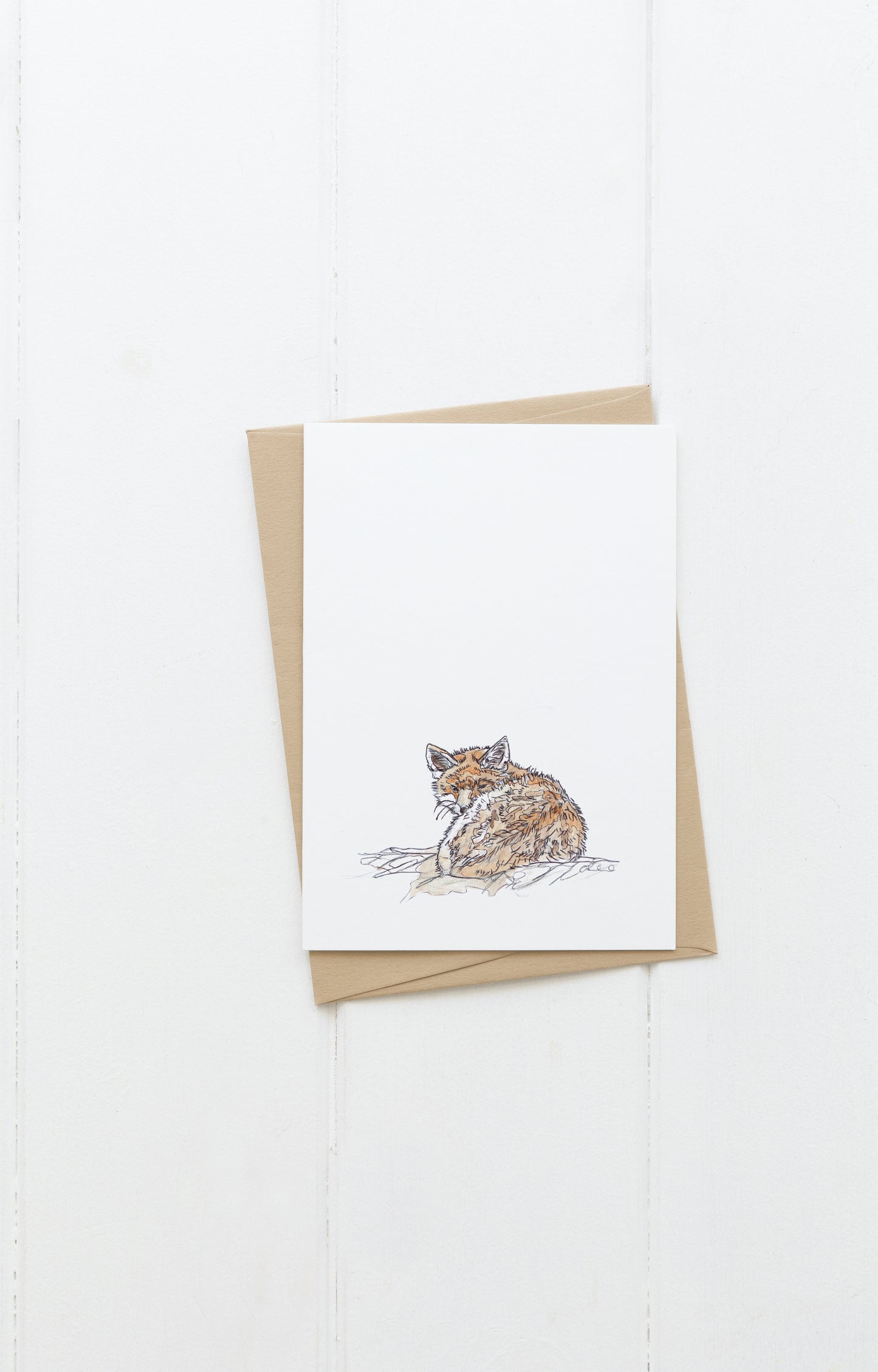 Blank greeting card and envelope sleepy red fox on white background contemporary illustration animal artist ann pease card art