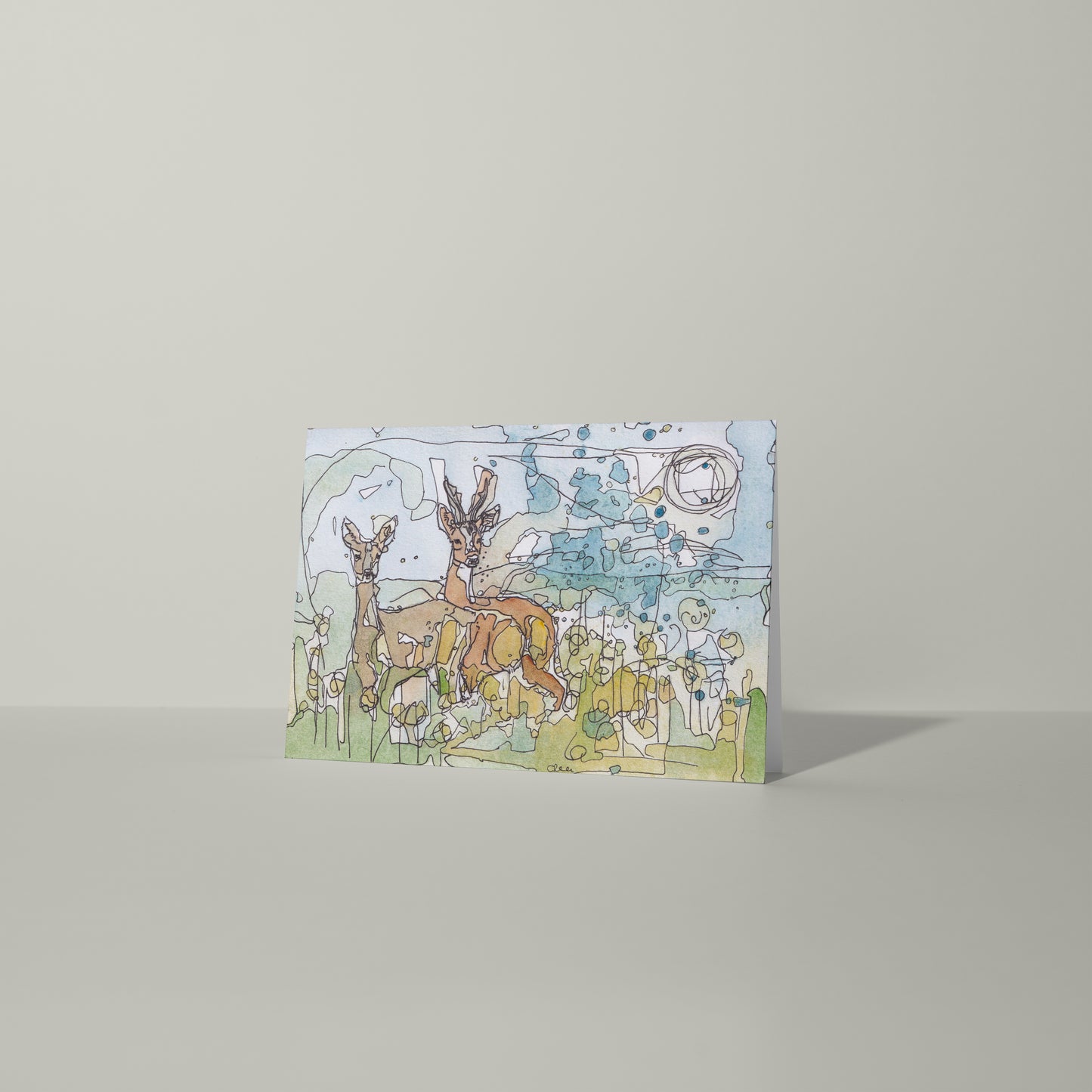 blank landscape card roe buck stag deer couple contemporary illustration animal wildlife artist ann pease card art