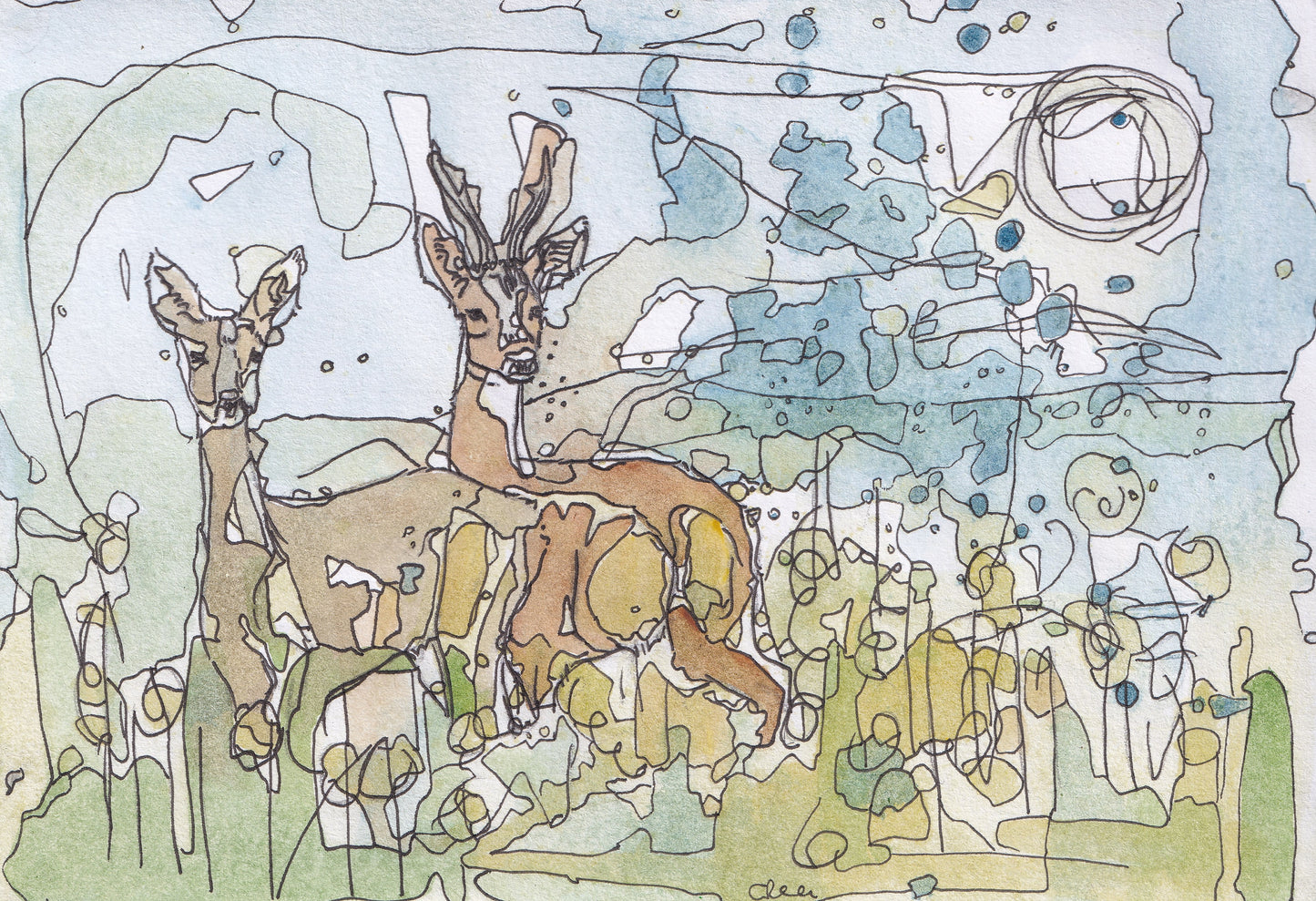 roe buck stag deer couple standing in meadow grass under the full moon contemporary illustration animal wildlife artist ann pease card art