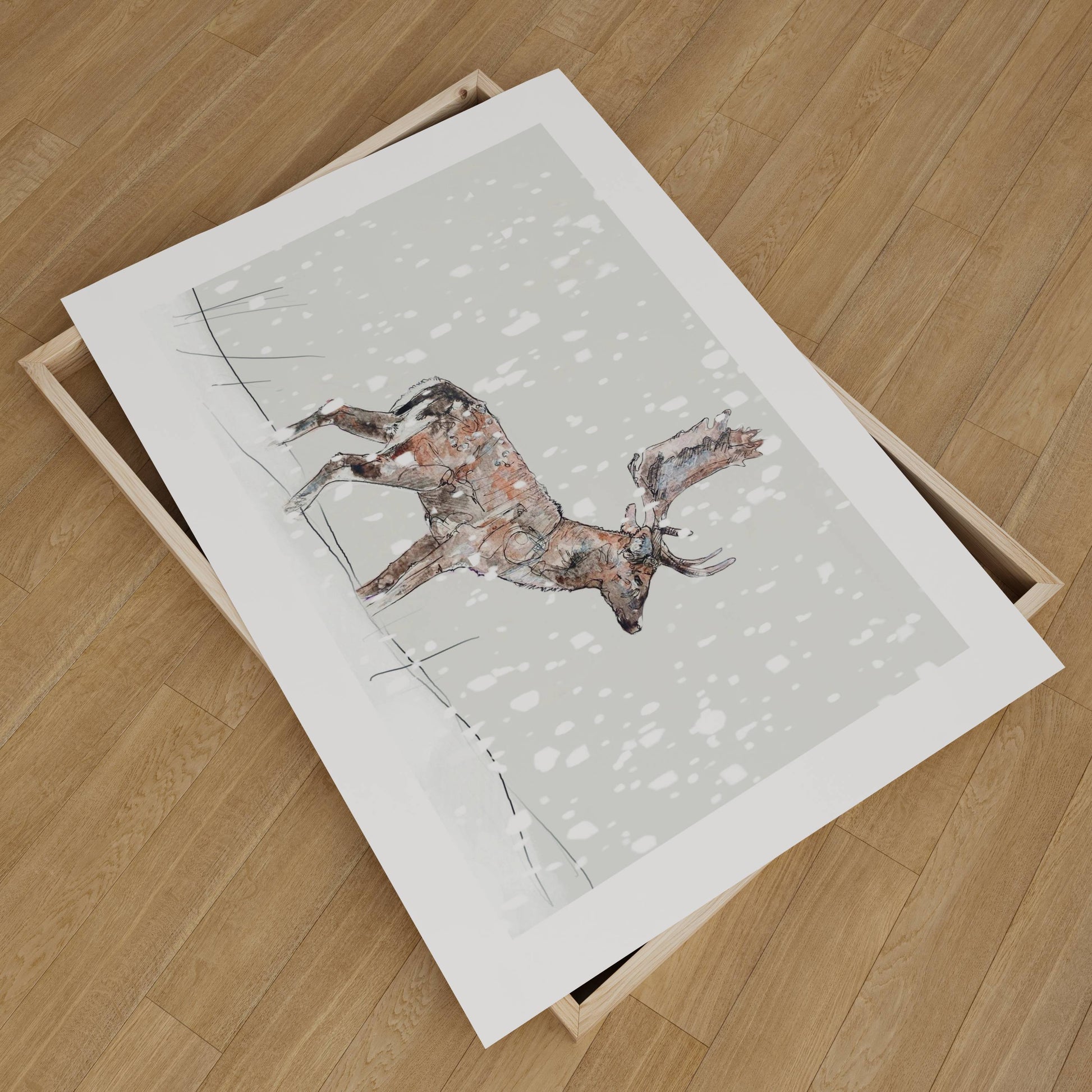 Wildlife Art fallow buck stag deer in the snow christmas festive winter giclee art print from painting / illustration by wildlife artist Ann Pease.