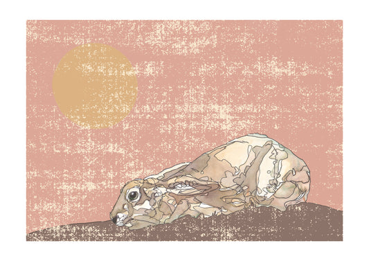 The Crouching Brown Hare in Peach Open Edition Giclée Art Print