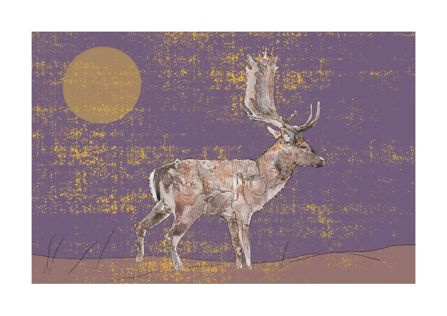 The Fallow Buck on The Grass in Purple Open Edition Giclée Art Print