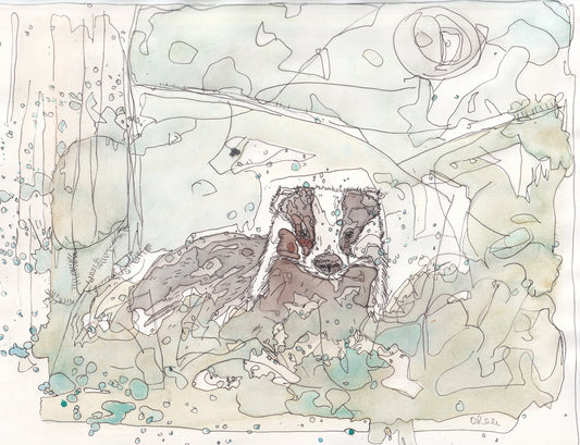 Wildlife Art badger in woodland with full moon contemporary painting / illustration by wildlife artist Ann Pease.
