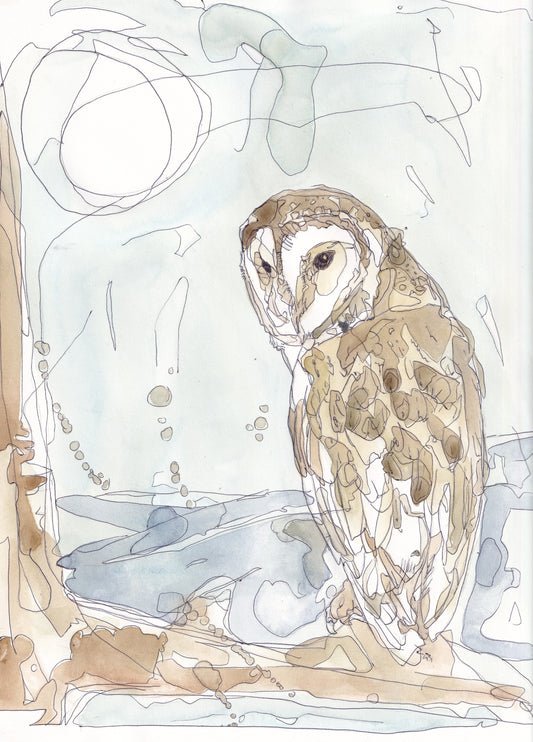 Wildlife Art barn owl perched in a tree woodland with large full moon contemporary painting / illustration by wildlife artist Ann Pease.