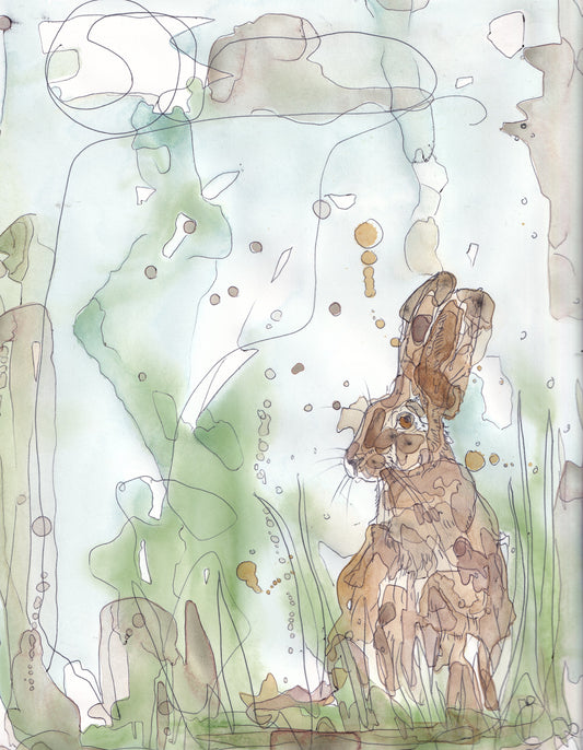 Wildlife Art sitting brown hare green painting / illustration by wildlife artist Ann Pease.