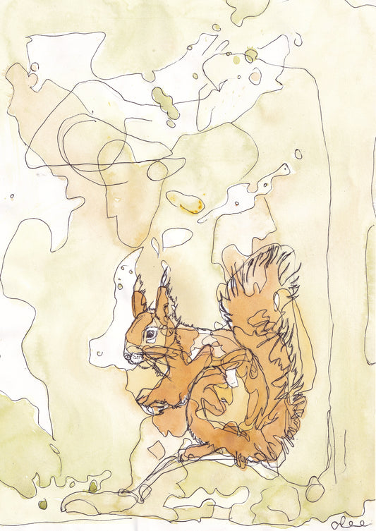 Wildlife Art red squirrel sitting on a branch in yellow tones painting / illustration by wildlife artist Ann Pease.