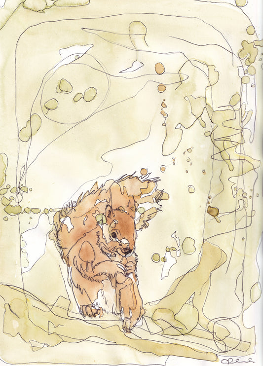 Wildlife Art red squirrel sitting on a branch in yellow tones painting / illustration by wildlife artist Ann Pease.
