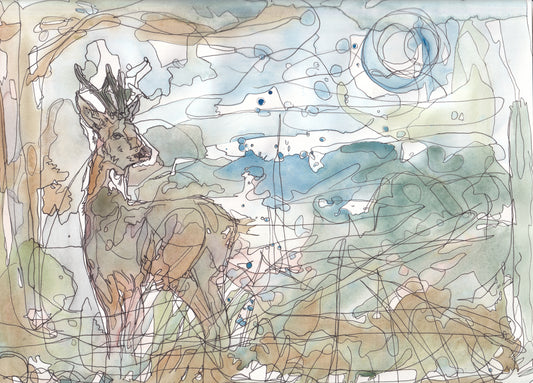 Wildlife Art Roe Deer Buck standing by a tree under the moon painting / illustration by wildlife artist Ann Pease.
