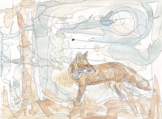 Wildlife Art red fox in woodland tree with full moon contemporary painting / illustration by wildlife artist Ann Pease.
