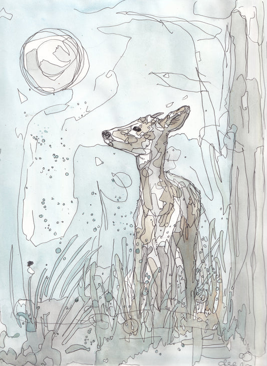 Wildlife Art standing Roe Deer under the moon in blue tones painting / illustration by wildlife artist Ann Pease.