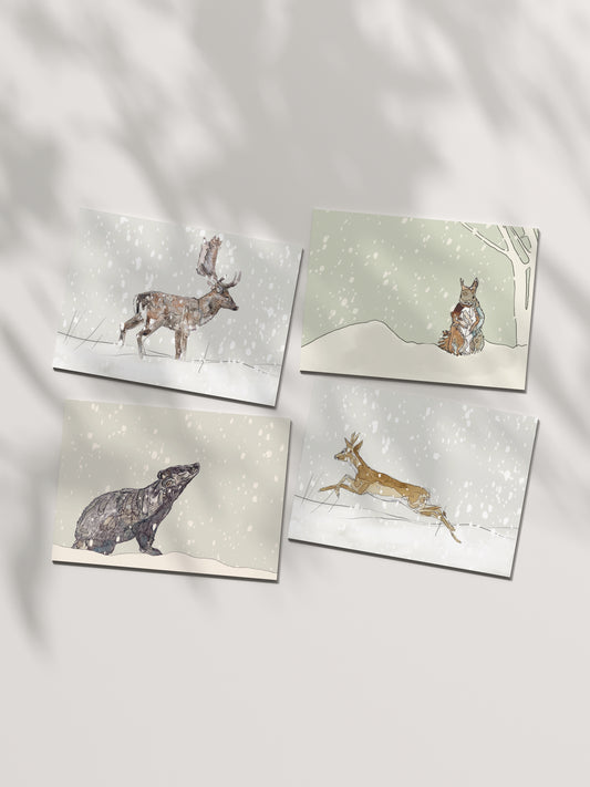 Blank greeting card and envelope  pack of four wildlife art badger roe deer fallow deer and red squirrel in snow wildlife illustration animal artist ann pease christmas card festive winter 