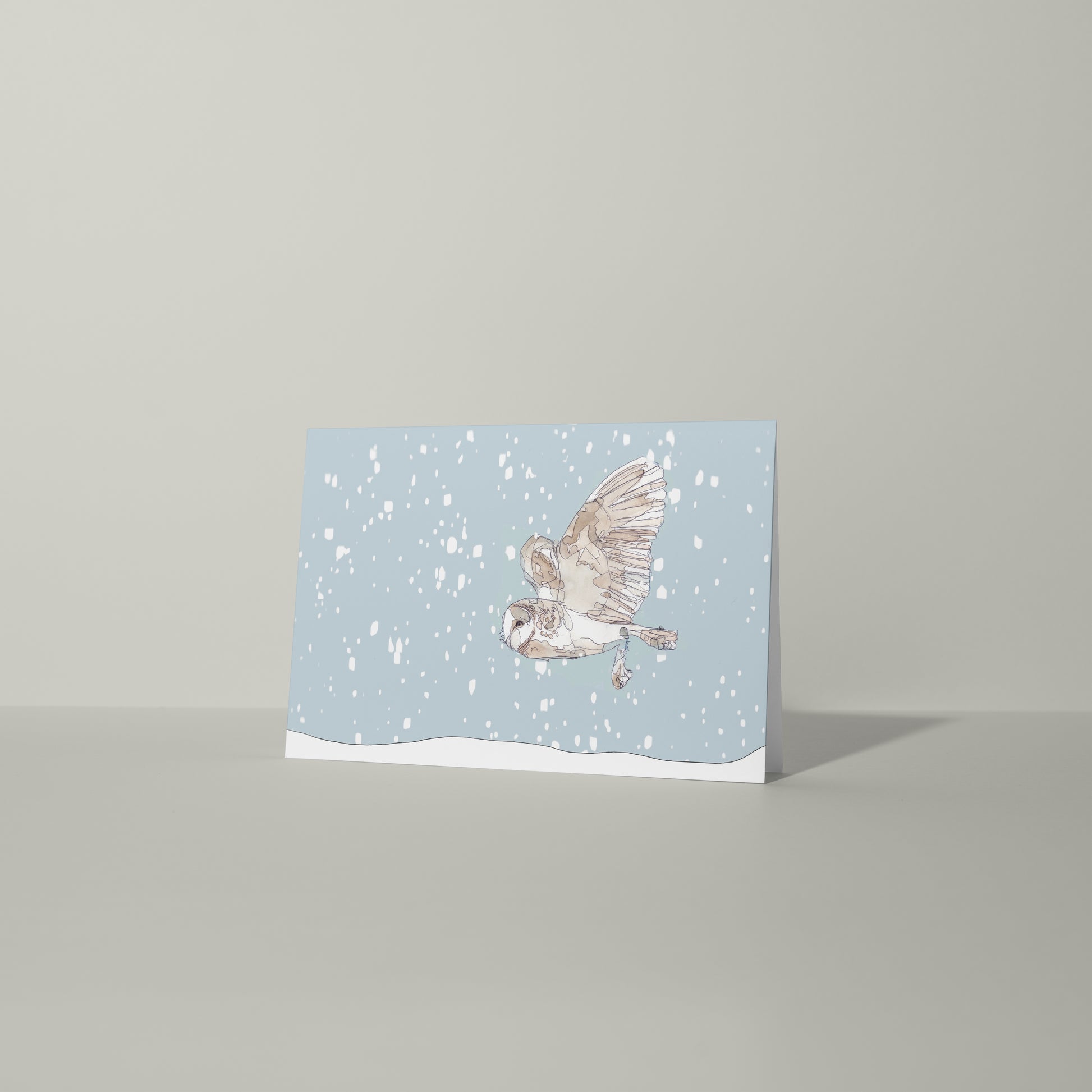 blank landscape christmas card hunting flying barn owl in the snow contemporary illustration animal artist ann pease card art 