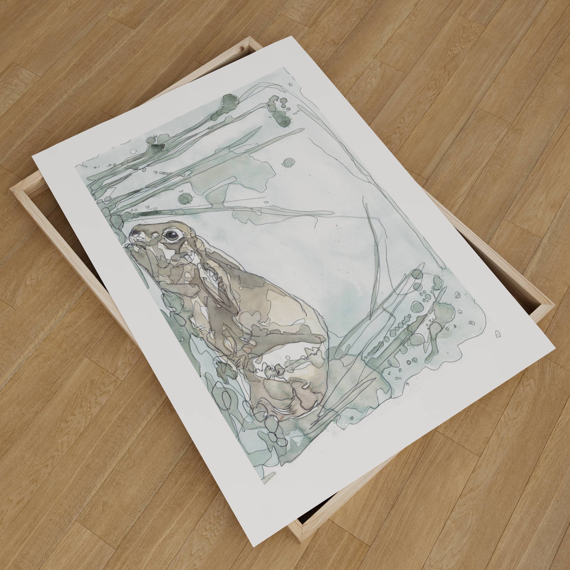 Wildlife Art crouching brown hare giclee art print and frame from painting / illustration by wildlife artist Ann Pease.