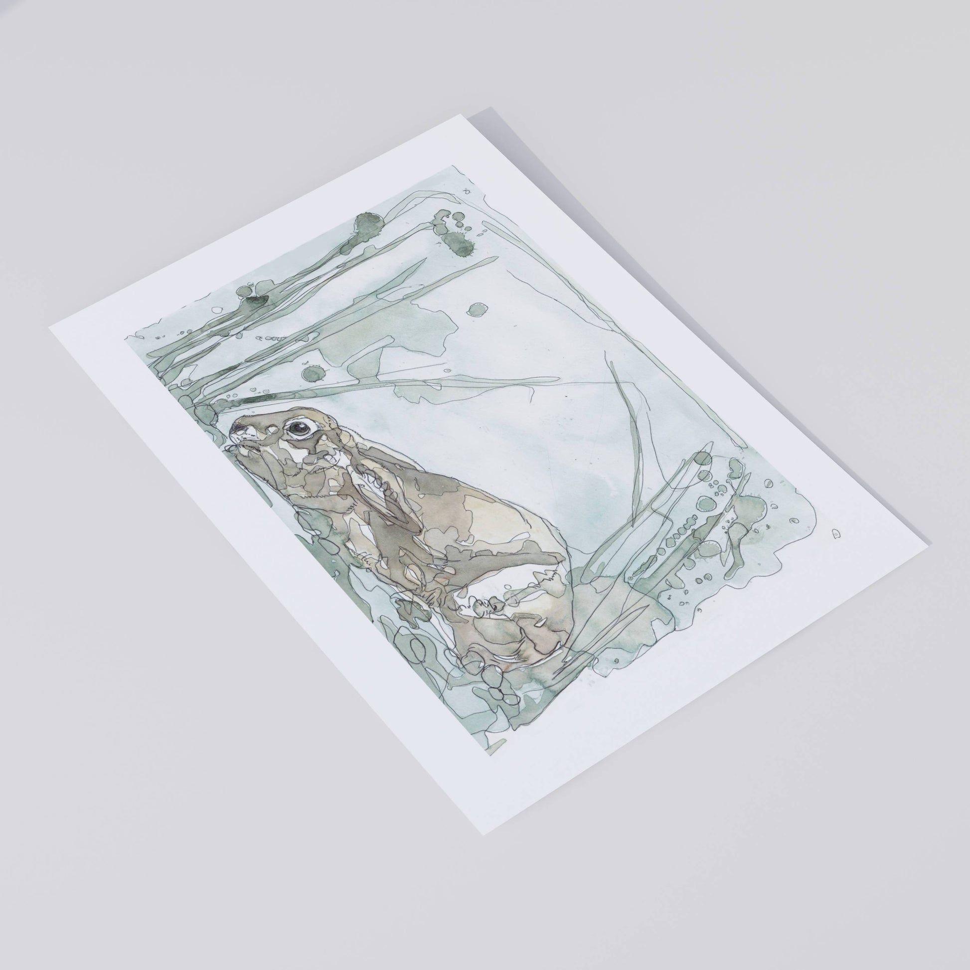 Wildlife Art crouching brown hare giclee art print from painting / illustration by wildlife artist Ann Pease.