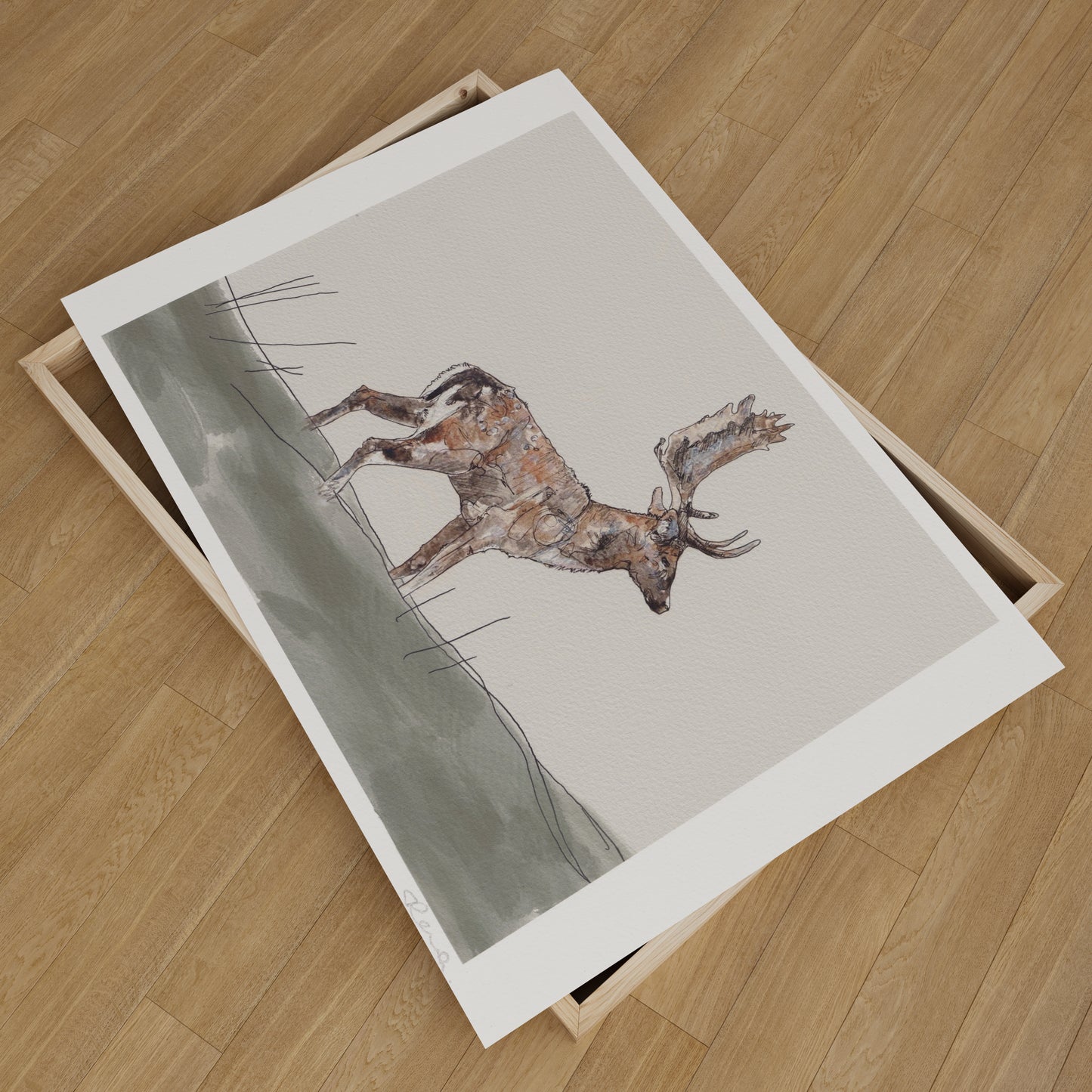 fallow staf buck deer standing on the grass  giclee fine art print contemporary illustration animal wildlife artist ann pease