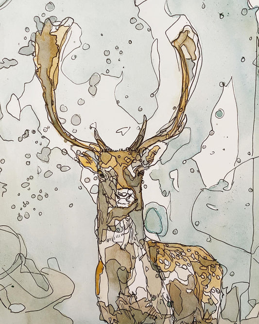 Wildlife Art fallow buck stag deer contemporary painting / illustration by wildlife artist Ann Pease.