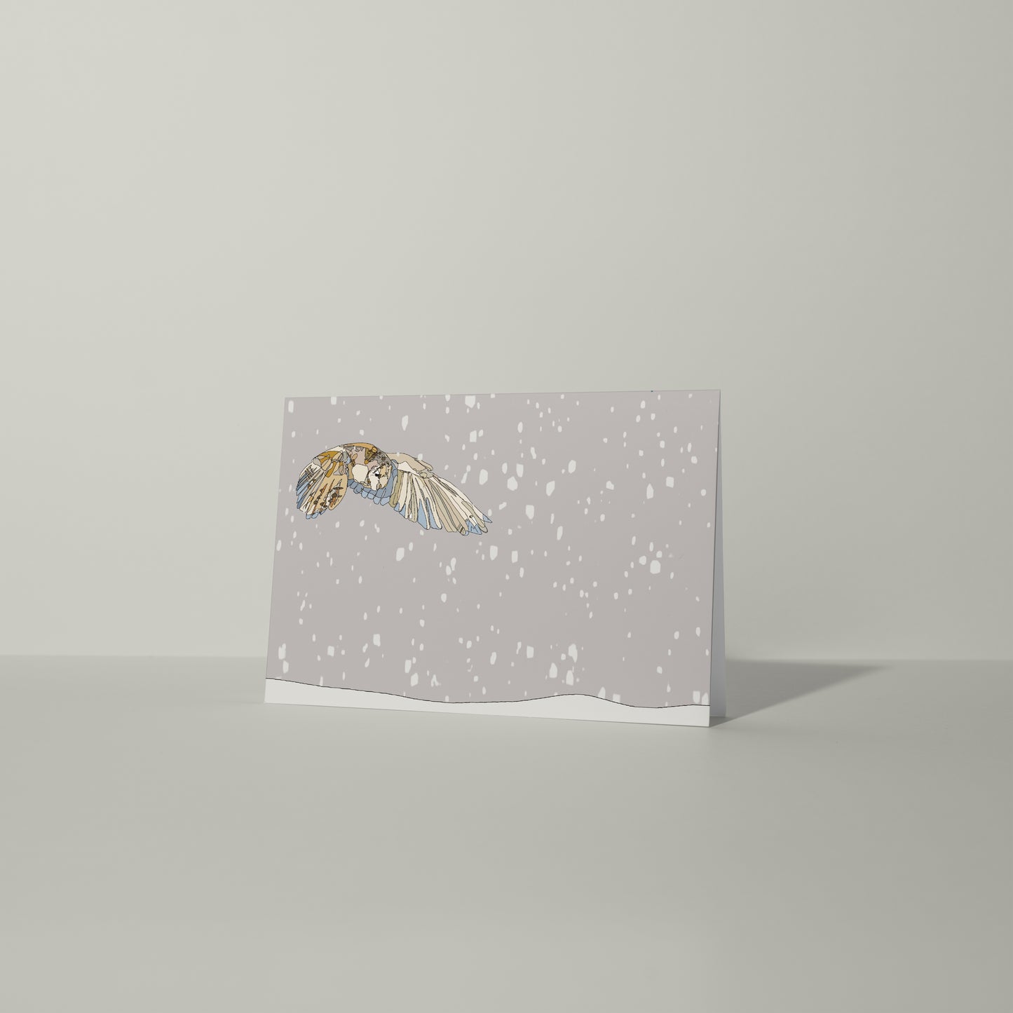 blank landscape christmas card flying barn owl in the snow contemporary illustration animal wildlife artist ann pease card art