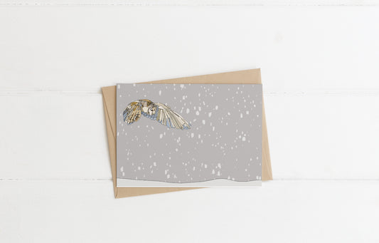 blank landscape christmas card flying barn owl in the snow contemporary illustration animal wildlife artist ann pease card art