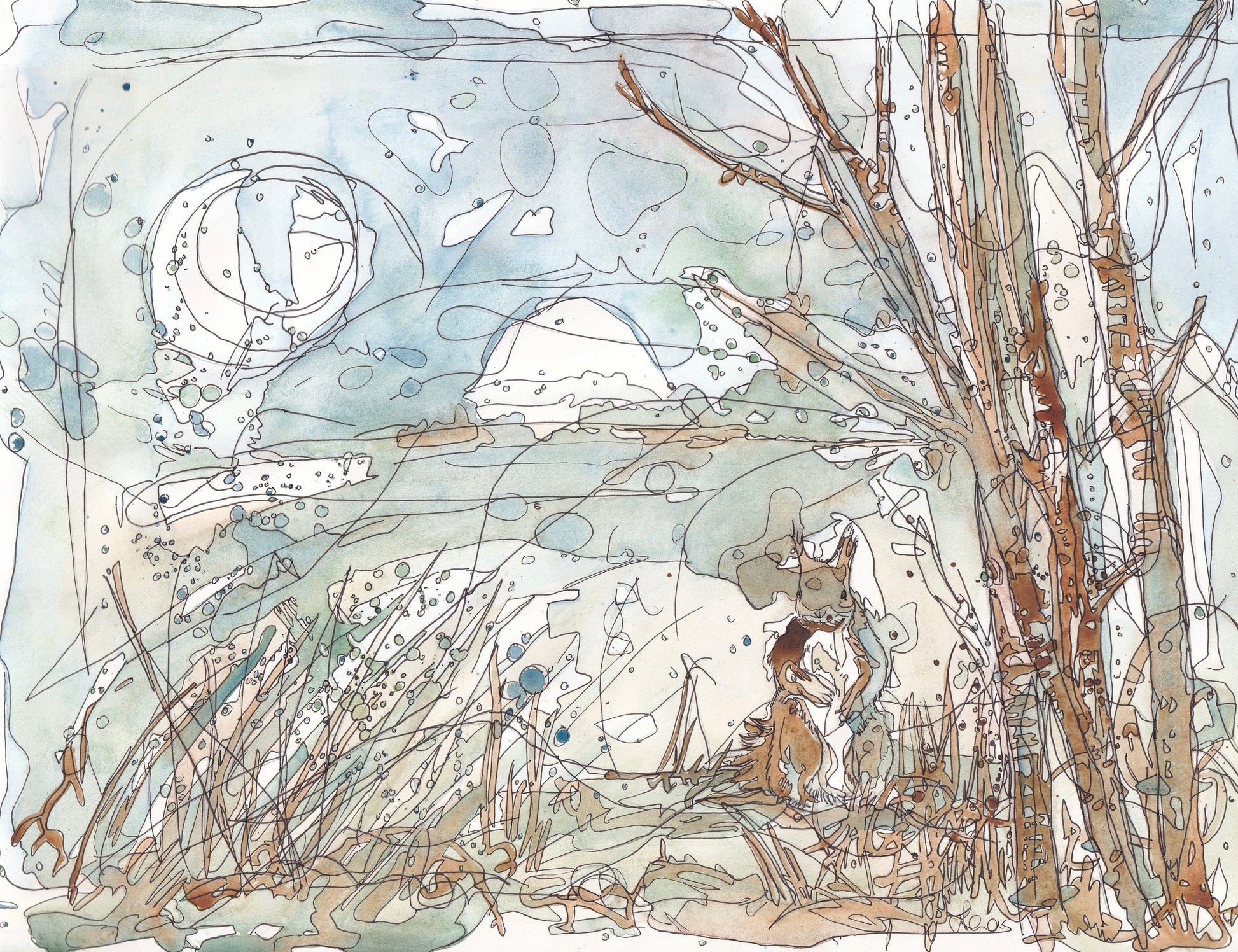 original painting red squirrel next to a tree woodland under the full moon contemporary illustration animal wildlife artist ann pease 