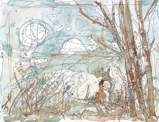 original art red squirrel standing under a tree woodland under the grass and full moon contemporary illustration animal wildlife artist ann pease original art 