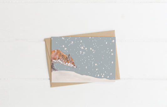 blank landscape christmas card stalking red fox in the snow contemporary illustration animal wildlife artist ann pease card art