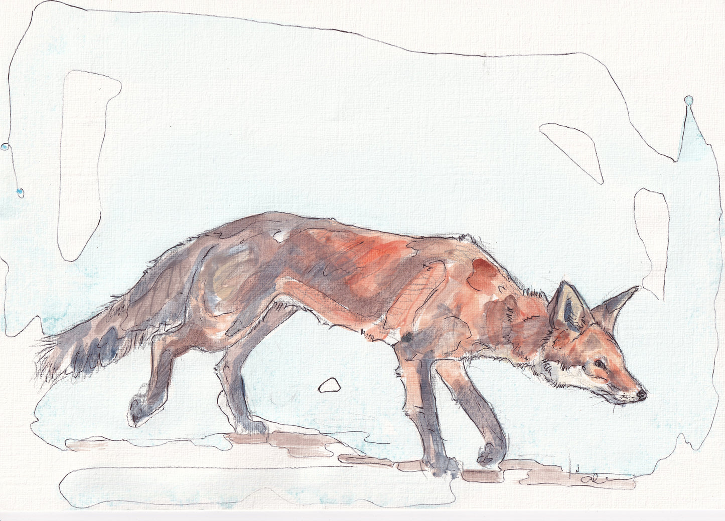 Wildlife Art red fox stalking contemporary painting / illustration by wildlife artist Ann Pease.
