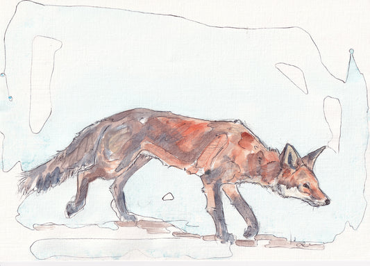 Wildlife Art red fox stalking contemporary painting / illustration by wildlife artist Ann Pease.