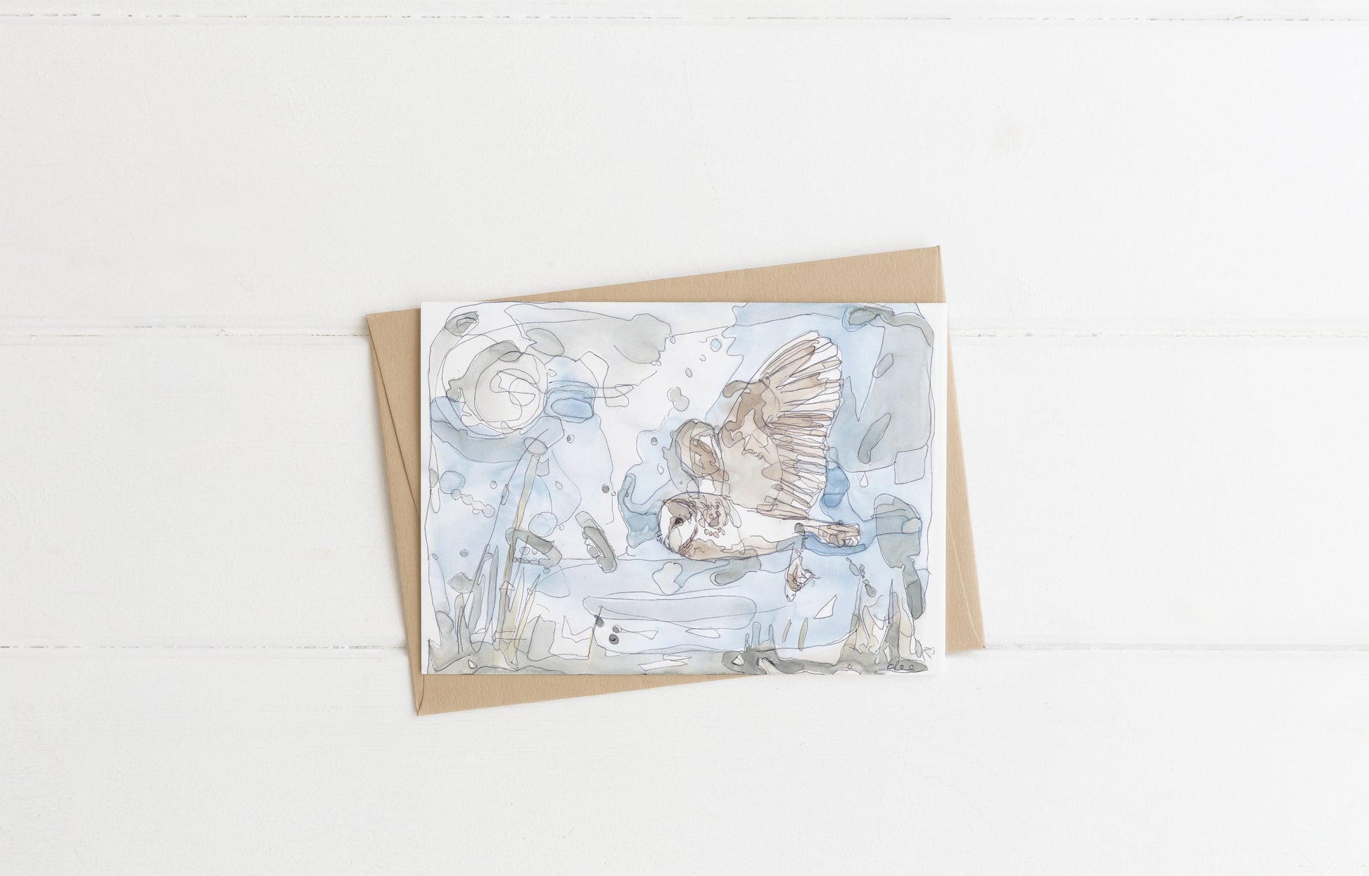 blank greeting card and brown kraft envelope barn owl flying under the full moon blank greeting card contemporary illustration animal wildlife artist ann pease card art 