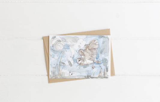 blank greeting card and brown kraft envelope barn owl flying under the full moon blank greeting card contemporary illustration animal wildlife artist ann pease card art 