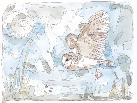 original painting of barn owl flying in the sky over the grass with full moon contemporary illustration animal wildlife artist ann pease original art 